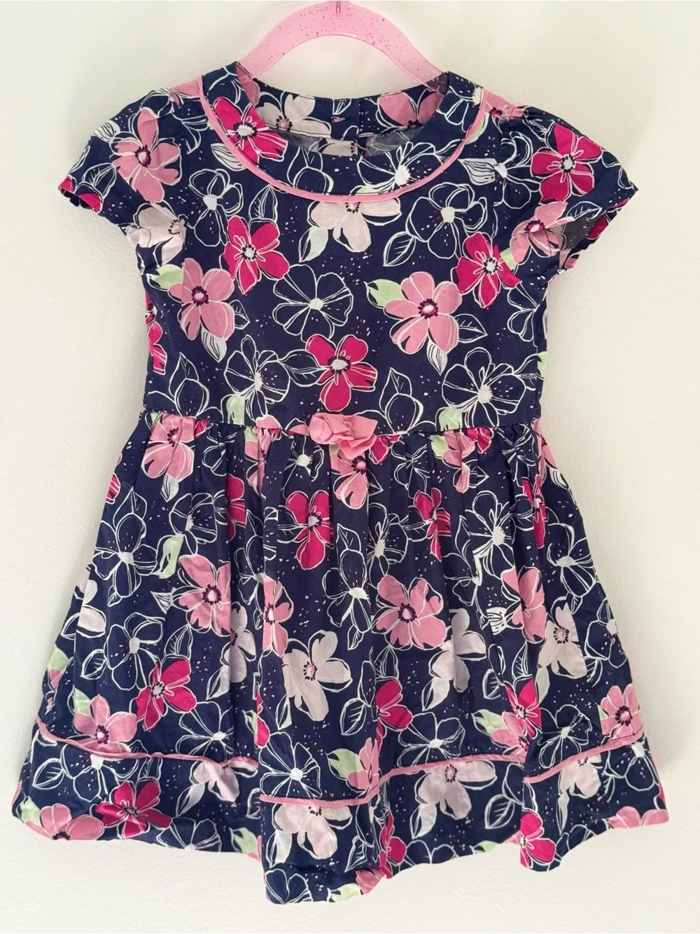 NWOT Gymboree Navy Pink Floral Party Dress Toddler Girl Cap Sleeve 3T